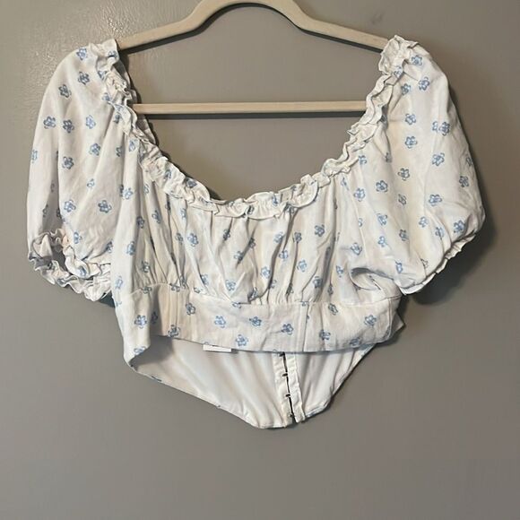 New! LA Hearts Linen Blend Floral Corset Top White & Blue Ruffles Size M - Picture 7 of 10